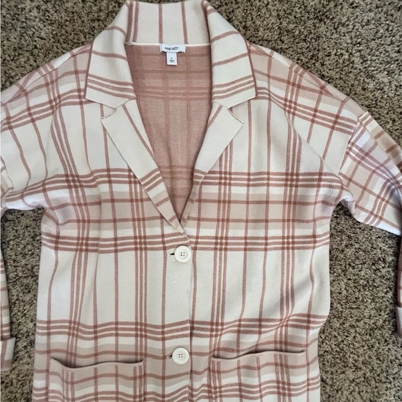 NINE WEST CARDIGAN COAT JACKET TRENCH COAT WOMEN LARGE Off White/Pink Plaid - Picture 2 of 4
